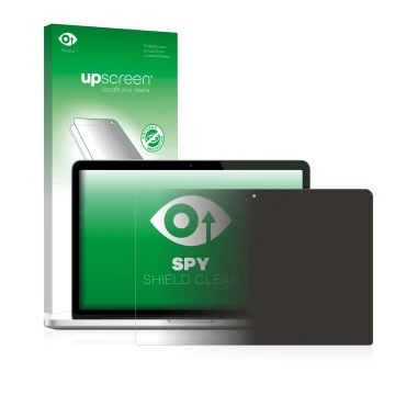 Vorderseite einer Produktverpackung mit dem Markenlogo upscreen. Daneben ist das Gerät Apple MacBook Pro Retina 13