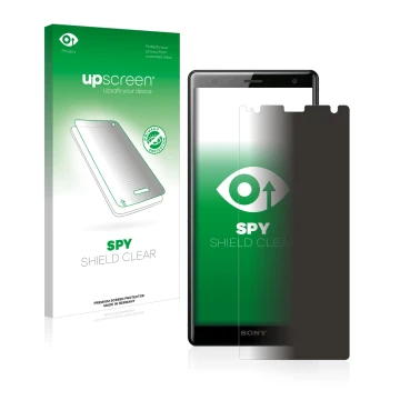 Vorderseite einer Produktverpackung mit dem Markenlogo upscreen. Daneben ist das Gerät Sony Xperia XZ2 mit dem zugehörigen Dis