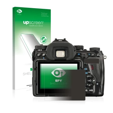 Vorderseite einer Produktverpackung mit dem Markenlogo upscreen. Daneben ist das Gerät Pentax K-1 Mark II mit dem zugehörigen 