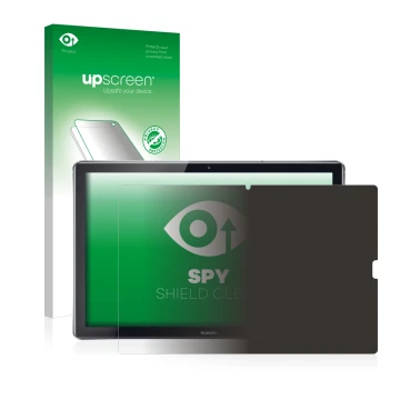 Vorderseite einer Produktverpackung mit dem Markenlogo upscreen. Daneben ist das Gerät Huawei MediaPad M5 10.8 mit dem zugehör