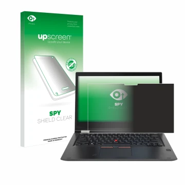 Vorderseite einer Produktverpackung mit dem Markenlogo upscreen. Daneben ist das Gerät Lenovo ThinkPad Yoga X380 mit dem zugeh