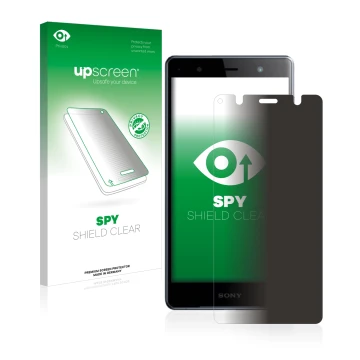 Vorderseite einer Produktverpackung mit dem Markenlogo upscreen. Daneben ist das Gerät Sony Xperia XZ2 Premium mit dem zugehör
