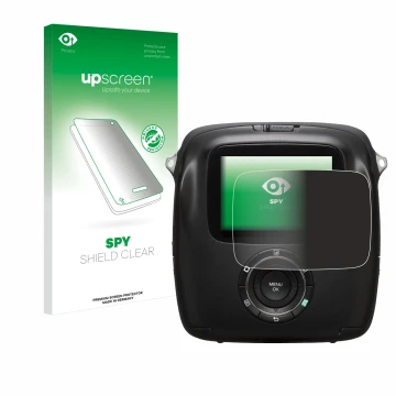 Vorderseite einer Produktverpackung mit dem Markenlogo upscreen. Daneben ist das Gerät Fujifilm Instax Square SQ10 mit dem zug
