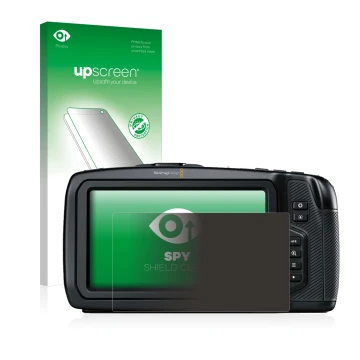 Vorderseite einer Produktverpackung mit dem Markenlogo upscreen. Daneben ist das Gerät Blackmagic Pocket Cinema Camera 4K mit 
