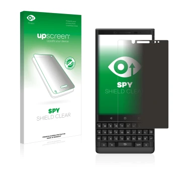 Vorderseite einer Produktverpackung mit dem Markenlogo upscreen. Daneben ist das Gerät BlackBerry Key2 mit dem zugehörigen Dis