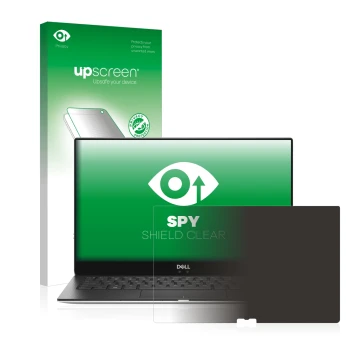 Vorderseite einer Produktverpackung mit dem Markenlogo upscreen. Daneben ist das Gerät Dell XPS 13 9370 mit dem zugehörigen Di