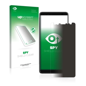 Vorderseite einer Produktverpackung mit dem Markenlogo upscreen. Daneben ist das Gerät HTC U12 Plus mit dem zugehörigen Displa