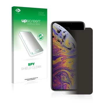 Vorderseite einer Produktverpackung mit dem Markenlogo upscreen. Daneben ist das Gerät Apple iPhone Xs Max mit dem zugehörigen