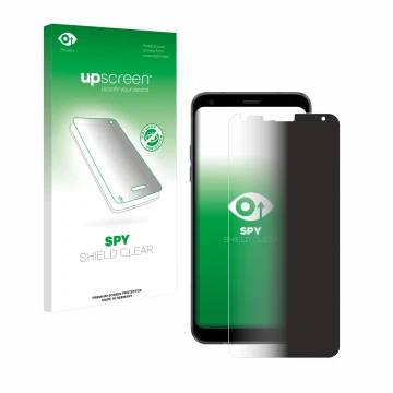 Vorderseite einer Produktverpackung mit dem Markenlogo upscreen. Daneben ist das Gerät LG Q7 mit dem zugehörigen Displayschutz