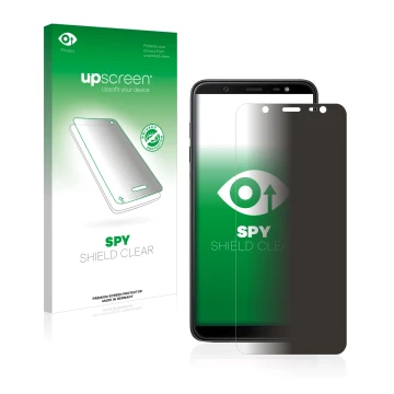 Vorderseite einer Produktverpackung mit dem Markenlogo upscreen. Daneben ist das Gerät Samsung Galaxy J8 2018 mit dem zugehöri