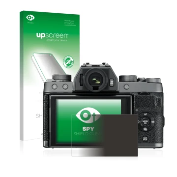 Vorderseite einer Produktverpackung mit dem Markenlogo upscreen. Daneben ist das Gerät Fujifilm X-T100 mit dem zugehörigen Dis