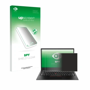 Vorderseite einer Produktverpackung mit dem Markenlogo upscreen. Daneben ist das Gerät Lenovo ThinkPad X1 Carbon (6. Gen.) mit