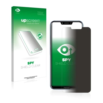 Vorderseite einer Produktverpackung mit dem Markenlogo upscreen. Daneben ist das Gerät Honor Play mit dem zugehörigen Displays