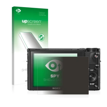 Vorderseite einer Produktverpackung mit dem Markenlogo upscreen. Daneben ist das Gerät Sony Cyber-Shot DSC-RX100 VI mit dem zu