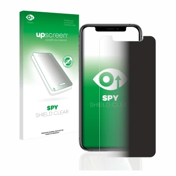Vorderseite einer Produktverpackung mit dem Markenlogo upscreen. Daneben ist das Gerät Apple iPhone Xs mit dem zugehörigen Dis