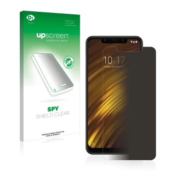 Vorderseite einer Produktverpackung mit dem Markenlogo upscreen. Daneben ist das Gerät Xiaomi Pocophone F1 mit dem zugehörigen