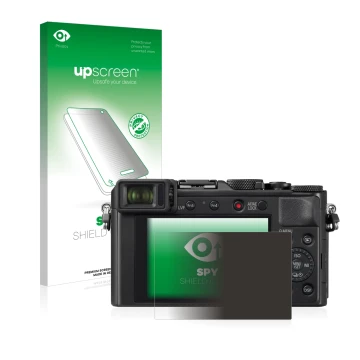 Vorderseite einer Produktverpackung mit dem Markenlogo upscreen. Daneben ist das Gerät Panasonic Lumix DC-LX100 II mit dem zug