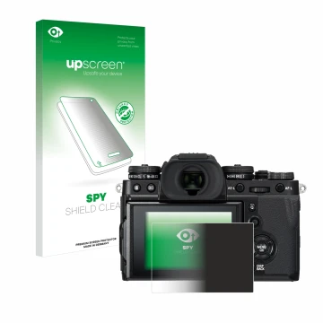 Vorderseite einer Produktverpackung mit dem Markenlogo upscreen. Daneben ist das Gerät Fujifilm X-T3 mit dem zugehörigen Displ