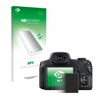 Vorderseite einer Produktverpackung mit dem Markenlogo upscreen. Daneben ist das Gerät Canon PowerShot SX70 HS mit dem zugehör