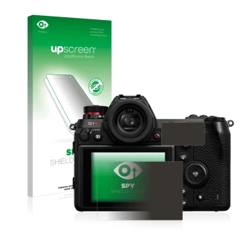 Vorderseite einer Produktverpackung mit dem Markenlogo upscreen. Daneben ist das Gerät Panasonic Lumix DC-S1R mit dem zugehöri