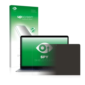 Vorderseite einer Produktverpackung mit dem Markenlogo upscreen. Daneben ist das Gerät Apple MacBook Air 13