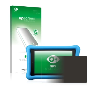 Vorderseite einer Produktverpackung mit dem Markenlogo upscreen. Daneben ist das Gerät Amazon Fire HD 8 Kids Edition 2018 (8. 