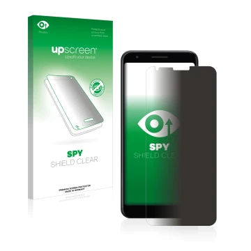 Vorderseite einer Produktverpackung mit dem Markenlogo upscreen. Daneben ist das Gerät Google Pixel 3a XL mit dem zugehörigen 