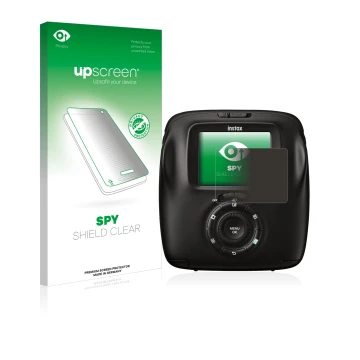 Vorderseite einer Produktverpackung mit dem Markenlogo upscreen. Daneben ist das Gerät Fujifilm Instax Square SQ20 mit dem zug