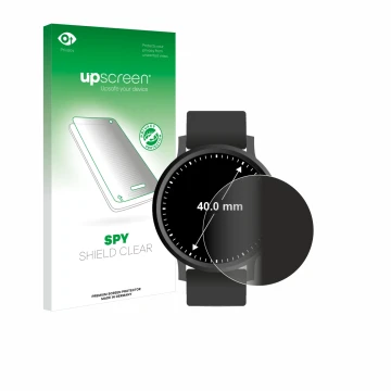 Vorderseite einer Produktverpackung mit dem Markenlogo upscreen. Daneben ist das Gerät Kreisrunde Displays (ø: 40 mm) mit dem 