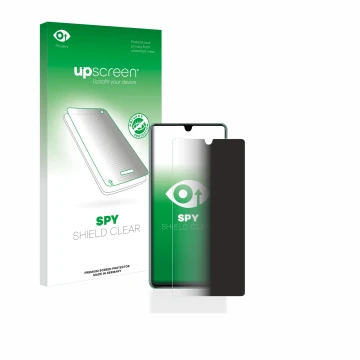 Vorderseite einer Produktverpackung mit dem Markenlogo upscreen. Daneben ist das Gerät Huawei P30 mit dem zugehörigen Displays