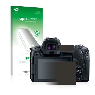 Vorderseite einer Produktverpackung mit dem Markenlogo upscreen. Daneben ist das Gerät Canon EOS R mit dem zugehörigen Display