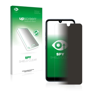 Vorderseite einer Produktverpackung mit dem Markenlogo upscreen. Daneben ist das Gerät LG Q60 mit dem zugehörigen Displayschut