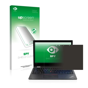 Vorderseite einer Produktverpackung mit dem Markenlogo upscreen. Daneben ist das Gerät Lenovo ThinkPad L390 Yoga mit dem zugeh