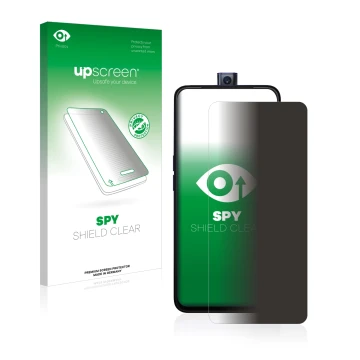 Vorderseite einer Produktverpackung mit dem Markenlogo upscreen. Daneben ist das Gerät Oppo F11 Pro mit dem zugehörigen Displa