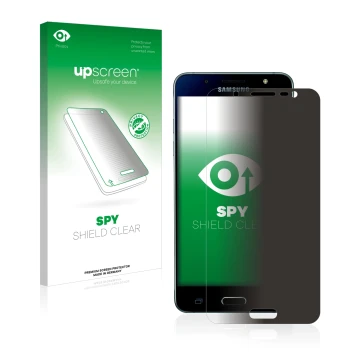 Vorderseite einer Produktverpackung mit dem Markenlogo upscreen. Daneben ist das Gerät Samsung Galaxy J5 2016 mit dem zugehöri