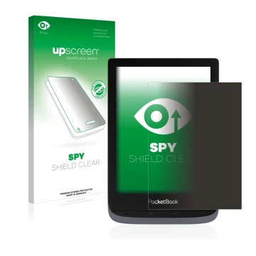 Vorderseite einer Produktverpackung mit dem Markenlogo upscreen. Daneben ist das Gerät PocketBook Touch HD 3 mit dem zugehörig