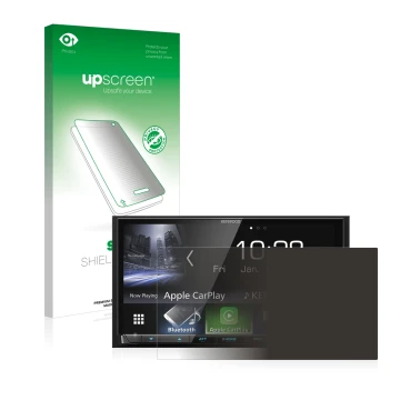 Vorderseite einer Produktverpackung mit dem Markenlogo upscreen. Daneben ist das Gerät Kenwood DMX7017DABS mit dem zugehörigen