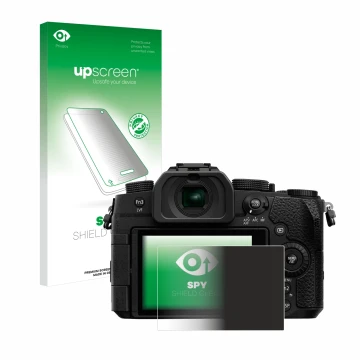 Vorderseite einer Produktverpackung mit dem Markenlogo upscreen. Daneben ist das Gerät Panasonic Lumix DC-G91 mit dem zugehöri