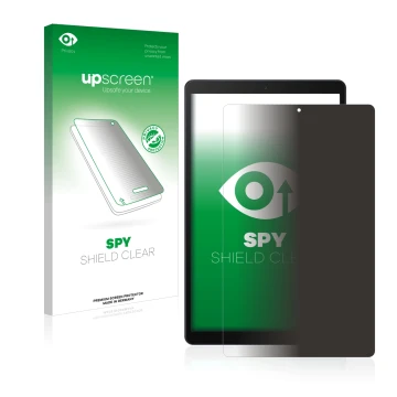 Vorderseite einer Produktverpackung mit dem Markenlogo upscreen. Daneben ist das Gerät Samsung Galaxy Tab A 10.1 2019 mit dem 