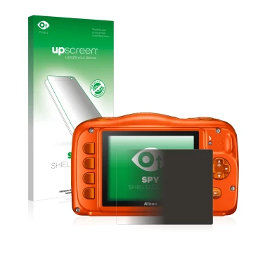 Vorderseite einer Produktverpackung mit dem Markenlogo upscreen. Daneben ist das Gerät Nikon Coolpix W150 mit dem zugehörigen 