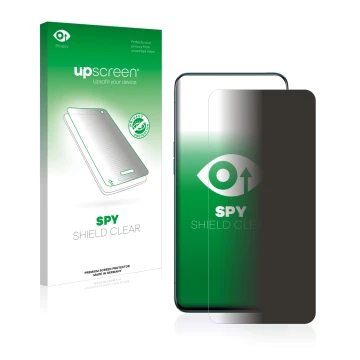 Vorderseite einer Produktverpackung mit dem Markenlogo upscreen. Daneben ist das Gerät Oppo Reno 5G mit dem zugehörigen Displa