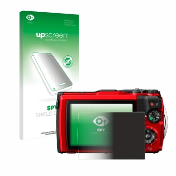 Vorderseite einer Produktverpackung mit dem Markenlogo upscreen. Daneben ist das Gerät Olympus Tough TG-6 mit dem zugehörigen 