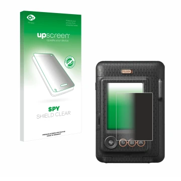 Vorderseite einer Produktverpackung mit dem Markenlogo upscreen. Daneben ist das Gerät Fujifilm Instax Mini LiPlay mit dem zug