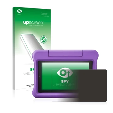Vorderseite einer Produktverpackung mit dem Markenlogo upscreen. Daneben ist das Gerät Amazon Fire 7 Kids Edition 2019 (9. Gen