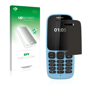 Vorderseite einer Produktverpackung mit dem Markenlogo upscreen. Daneben ist das Gerät Nokia 105 2019 mit dem zugehörigen Disp