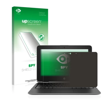 Vorderseite einer Produktverpackung mit dem Markenlogo upscreen. Daneben ist das Gerät HP ProBook x360 11 G3 mit dem zugehörig