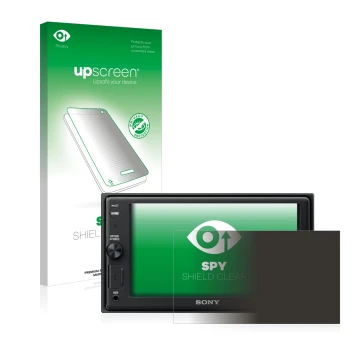 Vorderseite einer Produktverpackung mit dem Markenlogo upscreen. Daneben ist das Gerät Sony XAV-AX1005DB mit dem zugehörigen D