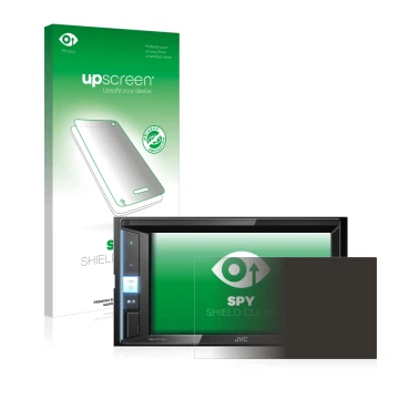 Vorderseite einer Produktverpackung mit dem Markenlogo upscreen. Daneben ist das Gerät JVC KW-M450BT mit dem zugehörigen Displ