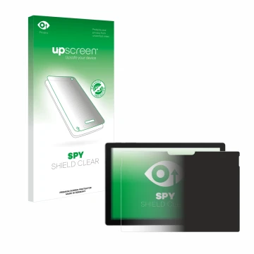 Vorderseite einer Produktverpackung mit dem Markenlogo upscreen. Daneben ist das Gerät Microsoft Surface Pro 7 mit dem zugehör