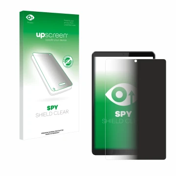 Vorderseite einer Produktverpackung mit dem Markenlogo upscreen. Daneben ist das Gerät Lenovo Tab M8 mit dem zugehörigen Displ